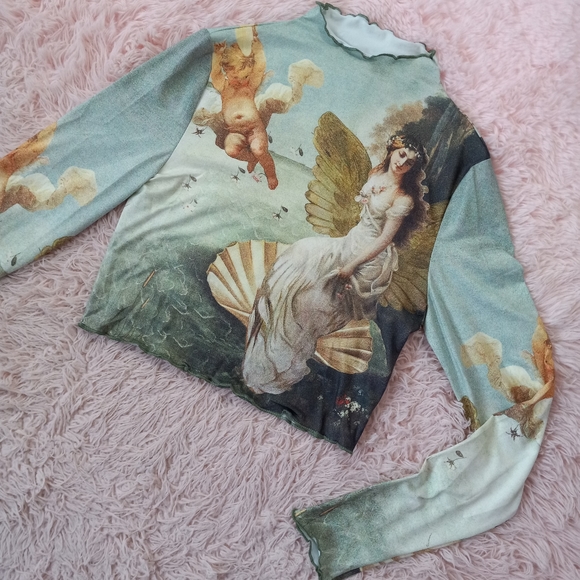 Renaissance angel art silky lettuce edged crop top! Nwot! So cute! - Picture 9 of 9